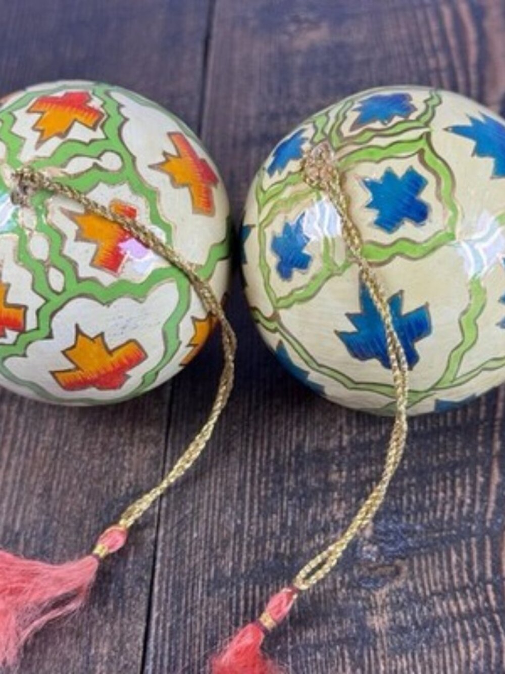Set of 2 VTG Christmas Holiday Ornament Globe Ball Hand Painted